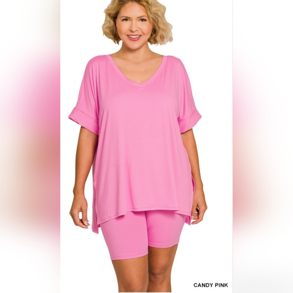 Women's Plus V-Neck Candy Pink Cuffed Sleeve Top With Matching Shorts